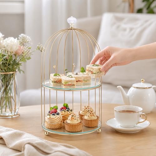 DOITOOL Gold Metal Cupcake Stand Bird Cage Dessert Stand, 2 Tier Dessert Display Stand Cake Holder for Wedding, Party, Birthday, Baby Shower Celebrations, Table Decorations