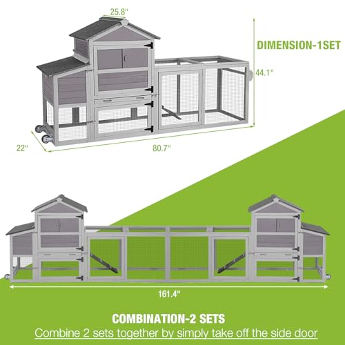 GUTINNEEN Chicken Coop Mobile Hen House On Wheels Easy to Move Wooden Poultry Cage with Nesting Box,Opening Wire Netting Roof - color: Grey