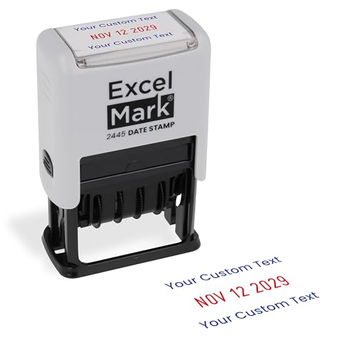 ExcelMark 2445 Date Stamp with Text - Blue and Red Ink (Gray Mount, Custom) - color: Gray Mount, size: Custom