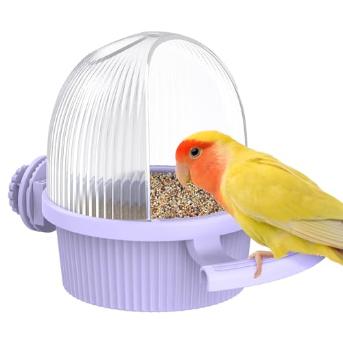 Pawfly No Mess Bird Feeder with Water Dispenser, Food and Water Bowl for Parakeet, Parrot, Cockatiel, Budgie and Lovebird, 4" D x 5.5" H Bird Cage Feeder - color: Purple