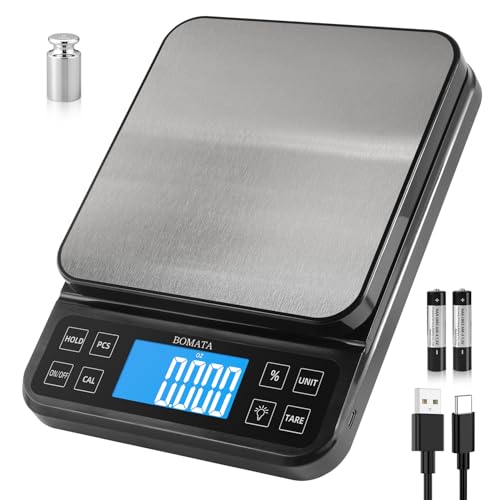 BOMATA Large Kitchen Scale 0.1g/0.001oz High Precision, 11lb Bakery Scale | % Percentage Function, USB Rechargeable, Full-View Angle LCD with Backlight, Stainless Steel Pan