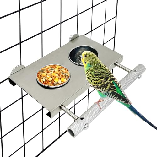 Stainless Steel Bird Feeder Hanging Parrot Feeder Bowl with Perch Stand Removable Food and Water Cups Bird Cage Accessories for Parakeet Cockatiel Budgie Conure