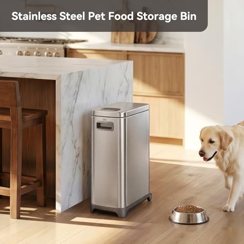 EKO 45 lb Airtight Dog Food Storage Container, Stainless Steel Pet Food Container for Kibble, Cat Food & Bird Seed, Lockable Lid, Magnetic Scoop, BPA-Free Inner Bucket, Wheels