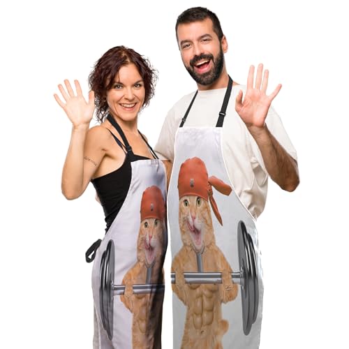 Apron Kitchen for Women Fitness Cat Mans Aprons for Cooking Funny for Kitchen Cooking Restaurant BBQ Painting Crafting Gardening 27” (W) x 31” (H), Waterproof Apron - color: Fitness Cat