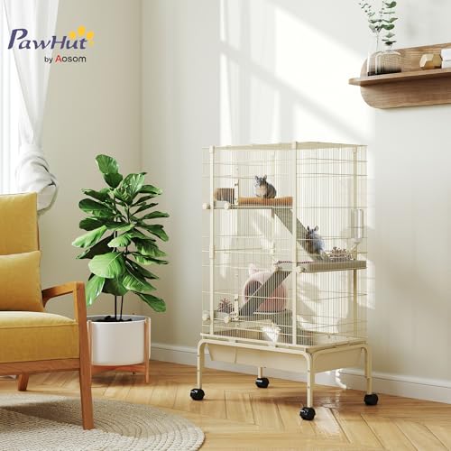 PawHut 47" Small Animal Cage, 4 Levels Large Rolling for Syrian Beige | Metal Ferret Chinchilla Rabbit Cage, 5.9" Deep Tray, 3 Ramps, Water Bottle, Food Dish, Squirrel