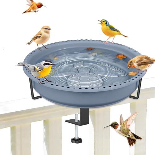 Bird Baths for Outdoors, Rustproof Metal Clamp Birdbaths & Birdfeeder with Detachable Plastic Basin, Outdoor Bird Feeding & Watering Station for Wild Birds Garden Patio Balcony (Grey) - color: Gray