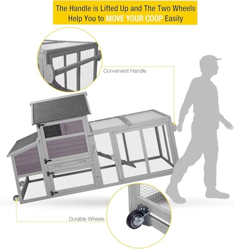 Aivituvin Expandable Mobile Chicken Coop with Wheels for 4–6 Chickens, Reinforced Nesting Box, Full-Cover UV Roof, Weatherproof Outdoor Hen & Duck House with Metal Tray, 77" L x 33.3" W x 46.5" H - color: Grey, size: 77"L x 33.3"W x 46.5"H