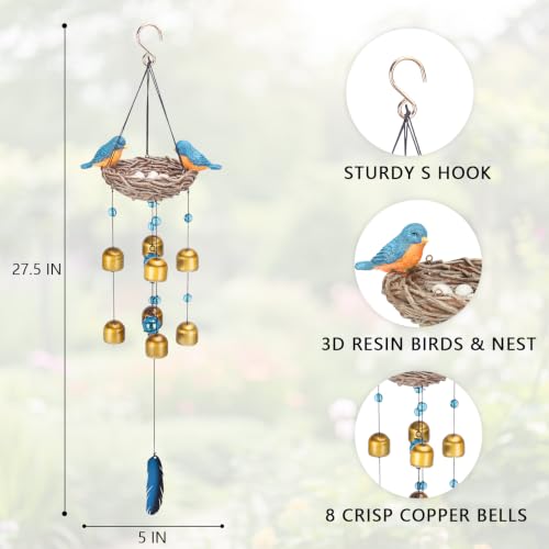 Wind Chime for Outside, Blue Bird Resin Wind Bells for Garden Decor | 27.5" Wind Chimes Outdoor with Resin Blue Bird Statues and 8 Metal Bells, Soothing Tone Wind Bell Chimes, Housewarming Gifts - size: Birds