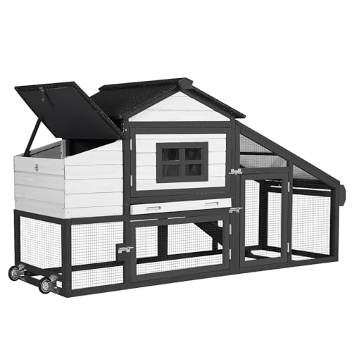 Large Chicken Coop Mobile Outdoor Chicken House Hen Coop with Wheels Nesting Box, Poultry Cage Duck House with Run(White＆Black) - color: White ＆ Black