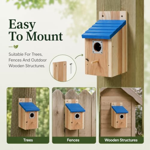 Wooden Birdhouse, Natural Cedar Nesting Box with Blue Roof, Predator Guard, Cleanable Door for Finch, Wren, Sparrow