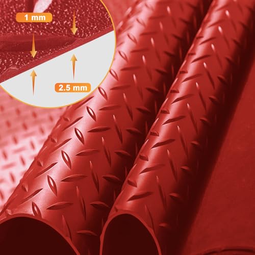 2.5mm Thickened 5Ft x 12Ft Garage Floor Mat Rubber Flooring Roll, Red | 60sqft Diamond Plate PVC Rubber & Vinyl Flooring Roll, Non-Slip Floor Protector Mat for Garage Warehouse Basement Trailer - size: 5Ft x 12Ft--Red