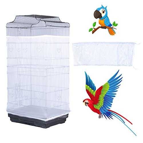 Bird Cage Seed Catcher, Large Airy Gauze Seeds Bird Cage Cover Guard Adjustable Bird Cage Cover Birdcage Seed Feather Catcher Universal Birdcage Parrot Bird Nylon Mesh Net Cover(XL-118x32 in, White) - color: White, size: X-Large