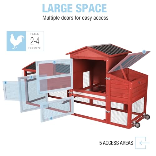 Large Chicken Coop with Run, 80.5’’ Chicken Tractor with Wheels, Wooden Hen House Poultry Cage with Plastic Waterproof Roof and Nesting Box, Leakproof Pull-Out Tray (Red) - color: Red, size: 80.5"L x 21.2"W x 42.5"H