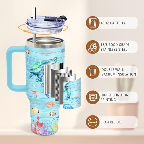 DUUV Sea Turtle Tumbler 40oz, Blue Turtles Cup Gifts for Women | Ocean Themed Tumbler for Beach Lovers Leakproof, Cute Animal Print Water Bottle, Ideal Gifts for Sea Turtle Lover, 1 Pack - color: Light Blue Turtle
