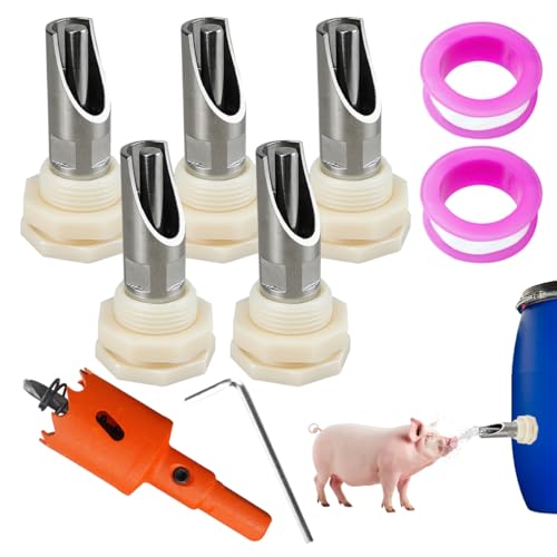 5 Pack Pig Nipple Waterer for Barrel Kit, Pig Nipple Drinkers Stainless Steel Pigs Drinker Feeder with Hardware 1/2 inch Automatic Pig Waterer System for Hog Goat Sows Piglets