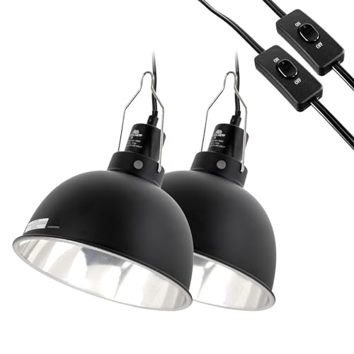 2 Pack Reptile Light Fixture, 8.5in Deep Dome Reptile Lamp Fixture, Optical Reflection Cover, Separate Switch & Hook, Terrarium Light Fixture for Reptile Heat Basking UVB Bulbs, 150W, Black - size: 8.5in