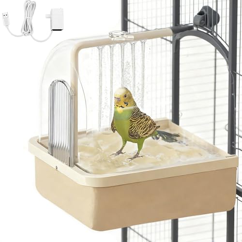 Bird Bath for Cage Clear Automatic Pump Parrot Shower for Parakeets Finches | Dual filtration pump, auto water circulation, clear dome, detachable easy clean base, shower bathtub, cage&tabletop bird bath - color: Light brown