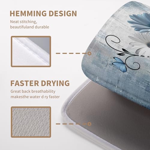 Dish Drying Mat for Kitchen Counter 18x24 Inch Blue Grey Daisy Drying Pads Rustic Vintage Floral Dish Dry Mat Microfiber Absorbent Farmhouse Dish Drainer Mat Flowers Dish Drainer Rack Mat - color: Blue Grey Daisy, size: 18" x 24"