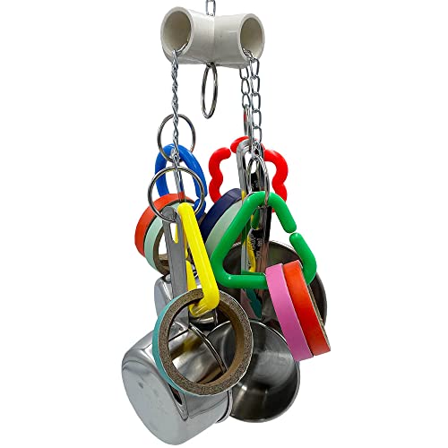 Stainless Steel Chewable Parrot Toys with Pullable Pots, Cardboard Rings - Durable Bird Toys for Medium and Large Parrots Amazons, Mini Macaws, African Greys, Cockatoos, Eclectus
