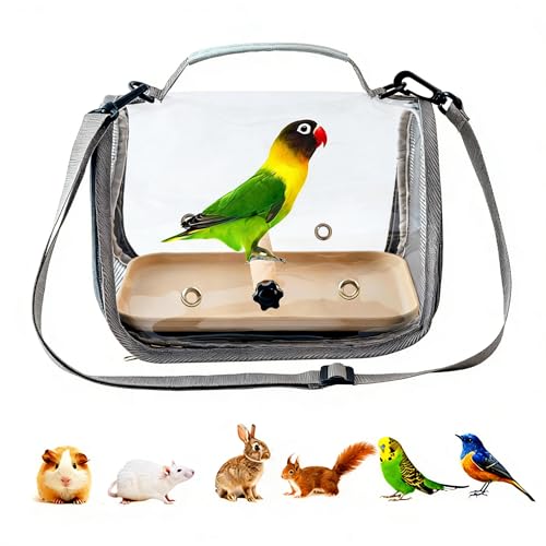 Clear Small Pet Travel Carrier with Perch & Tray – Breathable Mesh Bird Parrot Hamster Rabbit Squirrel Portable Bag (Grey) - color: Grey