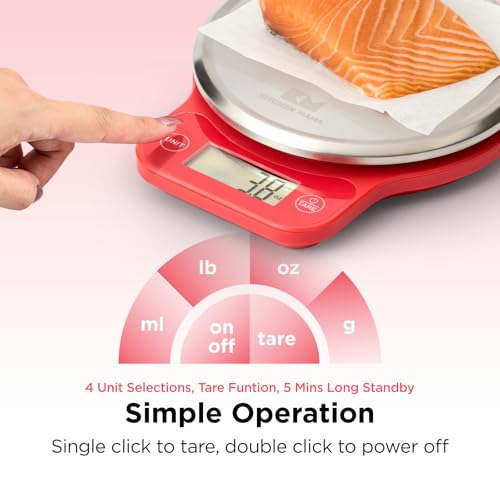 Kitchen Mama Q-Series Digital Food Scale, Red | 13.2 lb / 6000g Capacity, 1g Precision, Tare Function, Stainless Steel Platform, LCD Display - color: Red