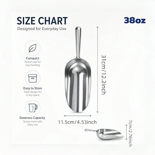Cast Aluminum 38oz Utility Scoop, Round Bottom Multi-Purpose Ice Scooper with Finger Groove Handle,Food Grade Solid Conical Scoop for Ice Maker Flour Cereal Popcorn Pet Food - size: 38oz