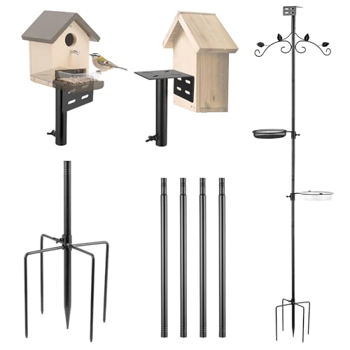 ERYTLLY Bird Feeder Pole Stand, 91 Inch Bird House Pole with 5-Prong Base Shepherds Hook for Hummingbird Feeders, Adjustable Bird Feeder Stand with Water Bowl Metal Mesh Tray for Outdoor Garden Decor - size: 91 in with Hooks and Feeders Kit