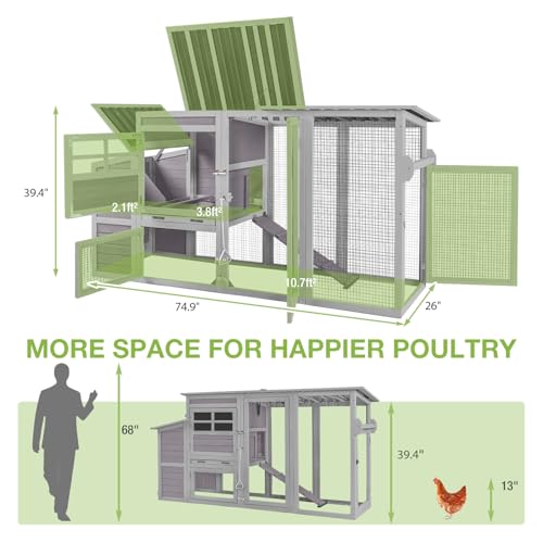 GUTINNEEN Large Mobile Chicken Coop with Run, Wooden Outdoor Hen House with Wheels & Handle, Weatherproof Roof, Nesting Box, Pull-Out Tray, Secure Lock for Outdoor Chickens Ducks - size: 74.9"L x 26.0"W x 39.4"H