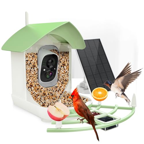 Bird Feeder with Camera,Smart AI Birds Breed Recognition,Birds Motion Detection with Real-Time Notice,Auto Capture Bird Watching WiFi Camera,Solar-Powered Outdoor Charging Bird House,Ideal Gifts,Green | Auto records FHD videos of birds in your backyard,In