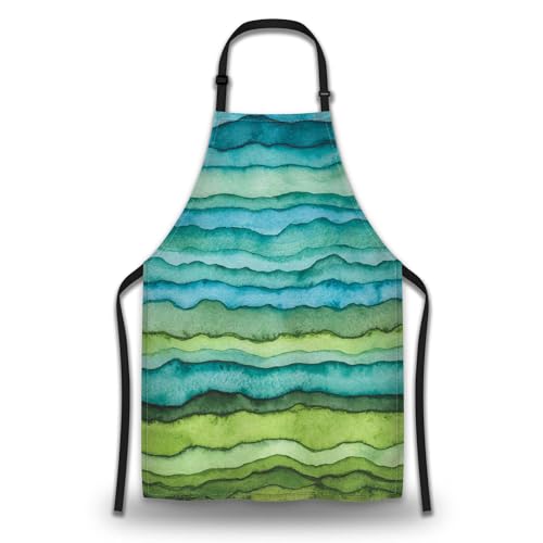 Garden Apron for Women Blue and Green Waves Cute Aprons for Men for Kitchen Cooking Restaurant BBQ Painting Crafting Gardening 27” (W) x 31” (H), Waterproof Apron - color: Blue and Green Waves