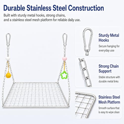 Bird Swing for Parakeets – Stainless Steel Hanging Bird Perch Toy, Fits Bird Cages, Compatible with Budgies, Lovebirds, Cockatiels, Quaker Parrots, Conures, Caiques, Medium Parrots, 11×7 in (Square L) - size: Square L