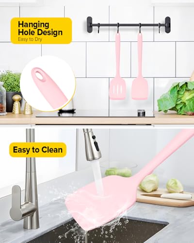 Pack of 2 Silicone Spatula Turners, Non Stick Slotted Kitchen Spatula Set, Heat Resistant BPA Free Kitchen Utensils, One-Piece Design, Suitable for Flipping Fish, Eggs, Steak, Pancakes (PINK) - color: Pink