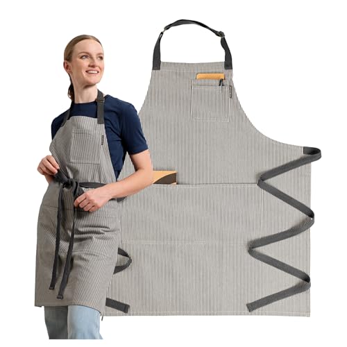 Chef Aprons for Women with Pockets, Adjustable Bib Aprons for Cooking - color: Charcoal Pinstriped
