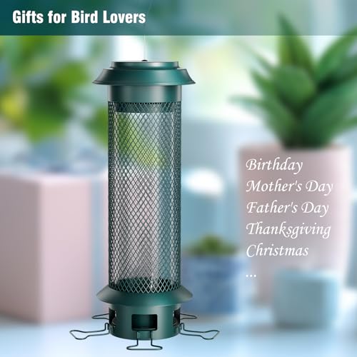 Large Squirrel Proof Bird Feeder with Removable Base, Weight-Activated Cage, Easy to Clean & Spill-Proof, 5 Perches, 4 lb Capacity, Tube Metal Bird Feeder for Outdoors Cardinals, Finches - color: Green