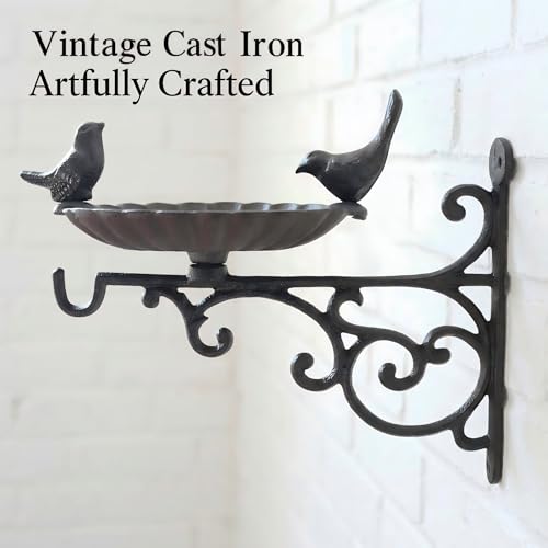 Cast Iron Bird Bath Feeder, Wall Mounted Bird Bath, Black Metal Garden Planter Hanger with Hanging Bracket, Wall Hook for Lanterns, Wind Chimes and More Garden Decorative Items
