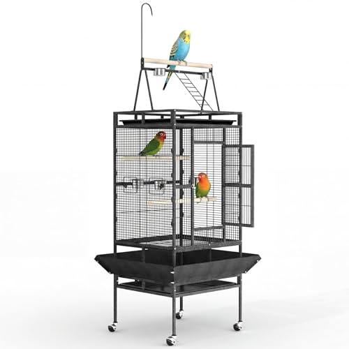 Extra Large 82" Parrot Cage with Play Top – Heavy Duty Wrought Iron Aviary, Rolling Stand, Secure Lock, Easy-Clean Removable Tray, Rope Perch – Spacious Bird Enclosure for Large Birds