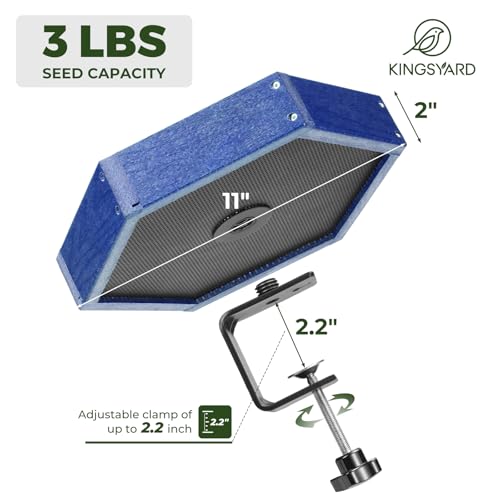 Kingsyard Clamp-On Deck Bird Feeder for Balcony Railings, No Drill | Recycled Poly Lumber, Weather Resistant, Mesh Tray for Airflow & Drainage, Fits Railings up to 2.2 in - color: Blue