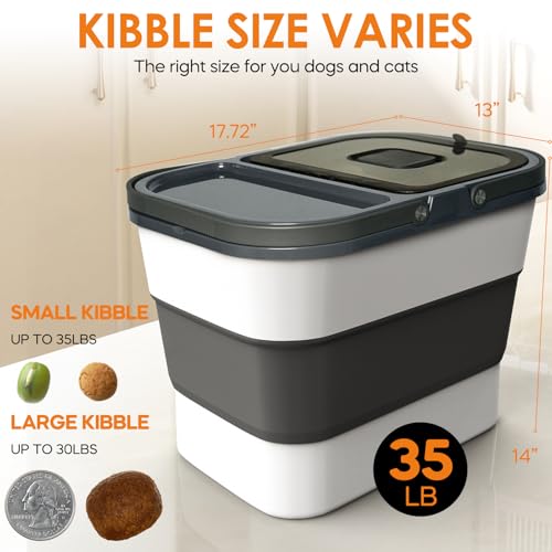 HOYTAMDAR 35lbs Collapsible Dog Food Storage Container,Rolling Wheels | Dog Food Container with Airtight Lid,Pet Food Storage Container with Scoop,2L Small Dry Food Pail For Dog Cat Bird Seed - color: Grey-35lbs