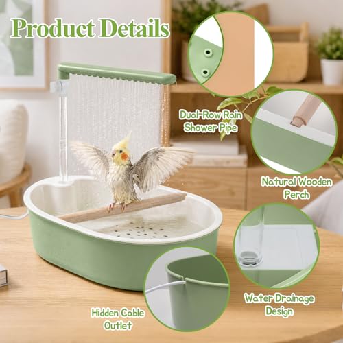 Tiiyee Automatic Parrot Bird Bath for Cage, Parakeet Bath Shower with Pump | Large Parakeet Indoor Bathtub Fountain Quiet USB Charging for Conure Cockatoo Budgie Lovebird Finches Canaries Cockatiels