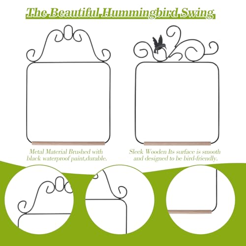 2 Pack Hummingbird Swings, Black Metal Frame Hummingbird Swings with Wooden Dowel Wild Bird Swing Outdoor Bird Perch with 2Pcs Hanging Chain for Hanging Indoor Outdoor Trunk Lawn Patio Garde