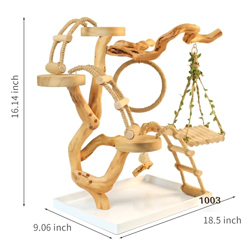Natural Solid Wood Bird Perch Stand for Small & Medium Birds – Eco-Friendly, Sturdy Parrot Playstand with Hanging Toys & Rope Ring, Safe & Durable Bird Cage Accessory (WOOD-A1003) - color: WOOD-A1003
