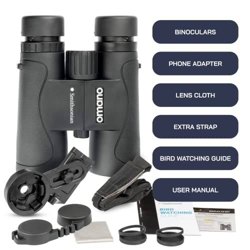 Smithsonian Adult Birding Binoculars - 10x42, Phone Adapter, Diopter Adjustable - Ideal for Hiking, Travel - Includes Bird Watching Guide