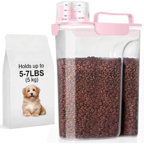 LEAWALK 5-7Lbs/6Qt Dog Cat Storage Container Portable with Upgraded Large Spout and Cup, Plastic Pet Food Dispenser for Small Animal Kibble, Bird Seed, Oatmeal, Rice, Flour, Brown Sugart- Light Pink - color: Light Pink, size: 5L-1pack