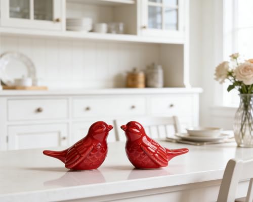 Set of 2 Ceramic Red Bird Figurines, 3.75 Inch Modern Bird Statues Home Decor, Cute Small Knick Knacks for Shelf, Office, Living Room, Bathroom, Kitchen, Housewarming Gift - color: Red