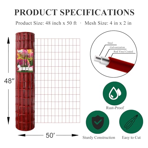 Red PVC Coated Welded Wire Fence 48" x 50' Roll, 2"x4" Mesh, 14 Gauge | Vinyl Coated Garden Fencing, Yard & Pet Barrier, Chicken Wire Fencing, Dog Enclosure Mesh, Vegetable Plant Protector - color: Red, size: 2''x4'' 14GA 48''x50'