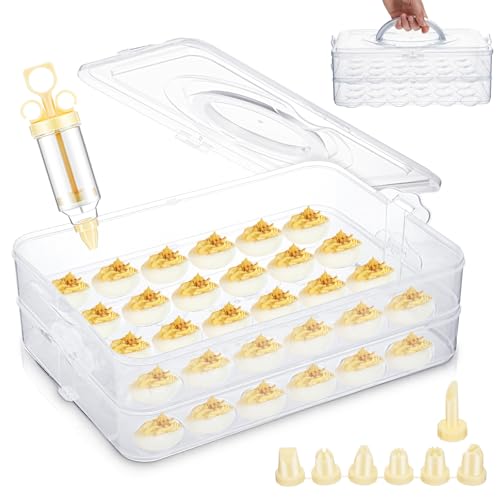 Deviled Egg Carrier with Syringe Stackable Stackable Clear Holder with Lid for Refrigerator Portable 48 Eggs Dispenser Storage Containers Tray(With handle) - style: With handle