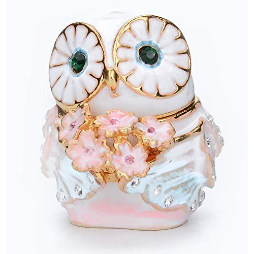 Cute Big Eyes Owl Holding Pink Bouquet Trinket Box with Hinged Classic Animal Ornaments Unique Gift for Family
