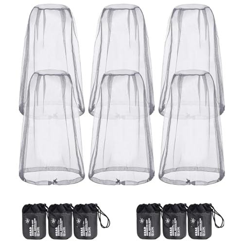 HESTYA 6 Pack Mosquito Head Net Mesh for Hiking & Outdoors Bug Face Netting Over Hat Fishing Gear Insect Protection for Camping, Hiking and Outdoor Adventures(Grey) | Mesh Netting for Insect Protection, Fits over Hats with Elastic, Includes Storage Bags,