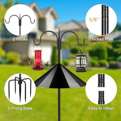 Heavy Duty Shepherds Hook Squirrel-Proof Bird Feeder Pole 108" Double Hooks 5-Prong Base & 19" Baffle for Outdoor Feeders & Plants - color: w/ Squirrel Baffle, size: 108" Double Hook