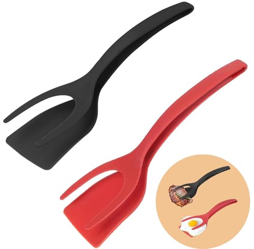 2-in-1 Egg Flipper Spatula Tongs Set - Non-Stick Silicone Grip and Flip Cooking Utensils for Omelets, Pancakes, Fish, and Burgers - 2 PCS Kitchen Cooking Tools (Black & Red)